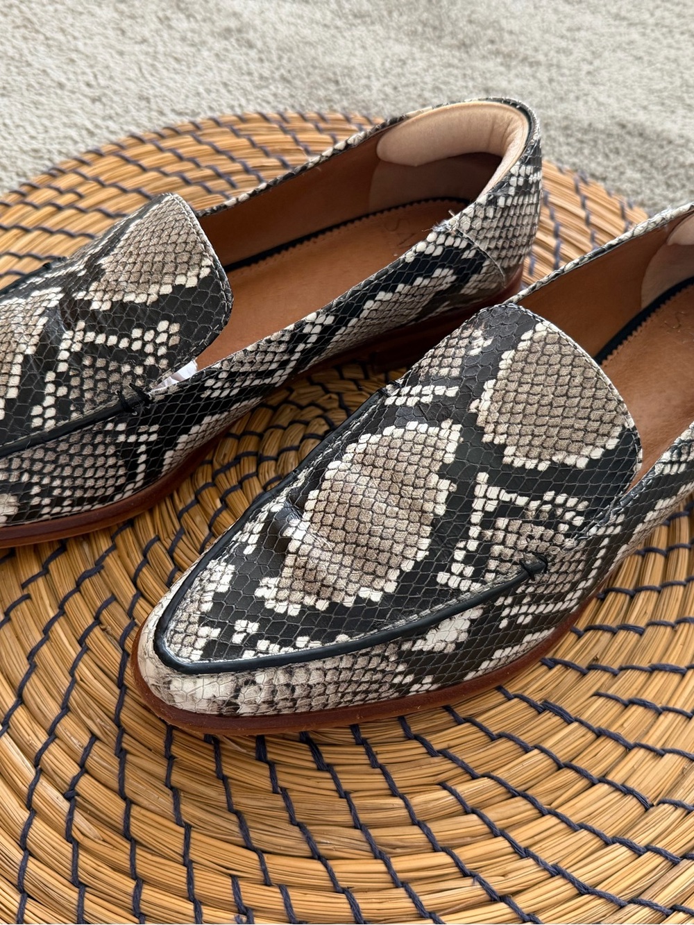 Women’s Snake-Print Leather Loafers in Black & Cream